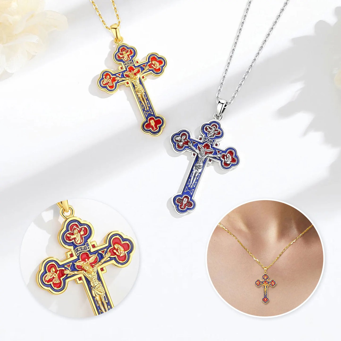 Eudora 925 Sterling Silver Jesus Crucifix Cross Necklace 18K Gold Angel Prayer Amulet Christian Pendant Exquisite Enamel Jewelry